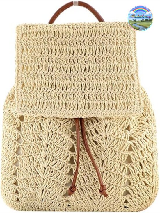 Women Paper Straw Woven Backpack Flap Drawstring Shoulder Bag Beach Daypack main image 6